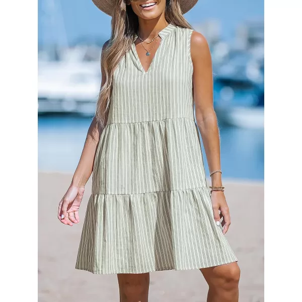 imageCUPSHE Womens Striped Split Neck Ruffled Mini Dress V Neck Sleeveless Dresses Casual SummerGreen Striped