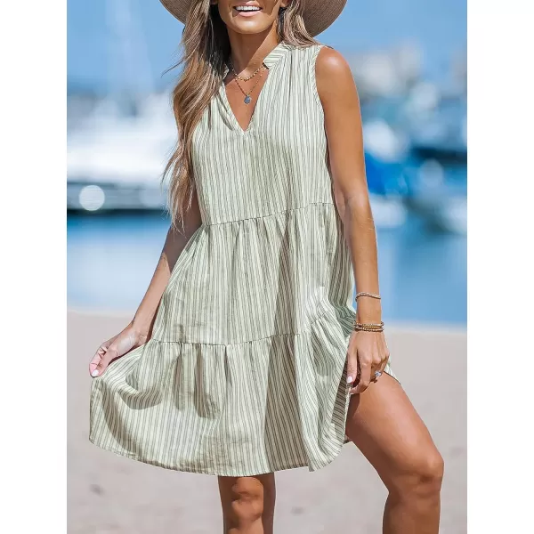 imageCUPSHE Womens Striped Split Neck Ruffled Mini Dress V Neck Sleeveless Dresses Casual SummerGreen Striped