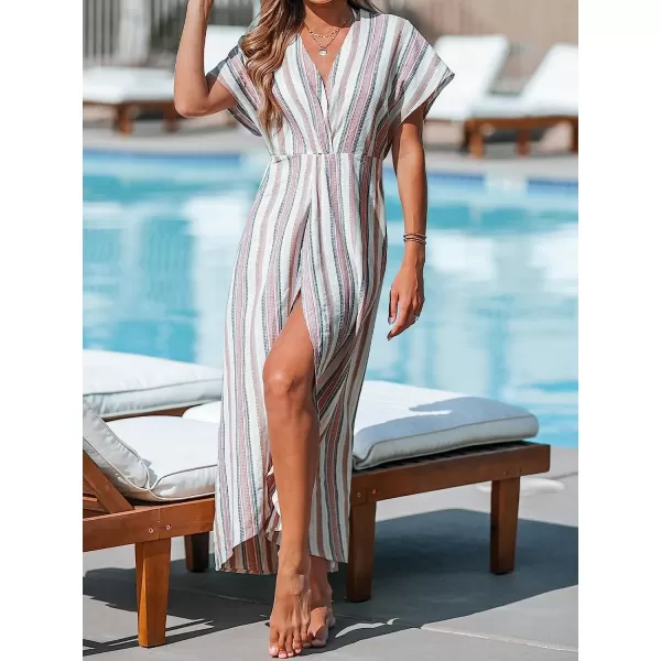 imageCUPSHE Womens Striped Surplice Neck CoverUp Dress Maxi Hem BeachwearGray Striped