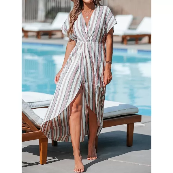 imageCUPSHE Womens Striped Surplice Neck CoverUp Dress Maxi Hem BeachwearGray Striped