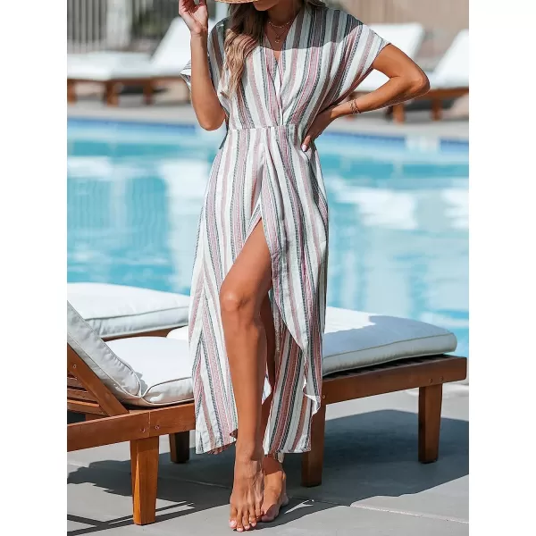 imageCUPSHE Womens Striped Surplice Neck CoverUp Dress Maxi Hem BeachwearGray Striped