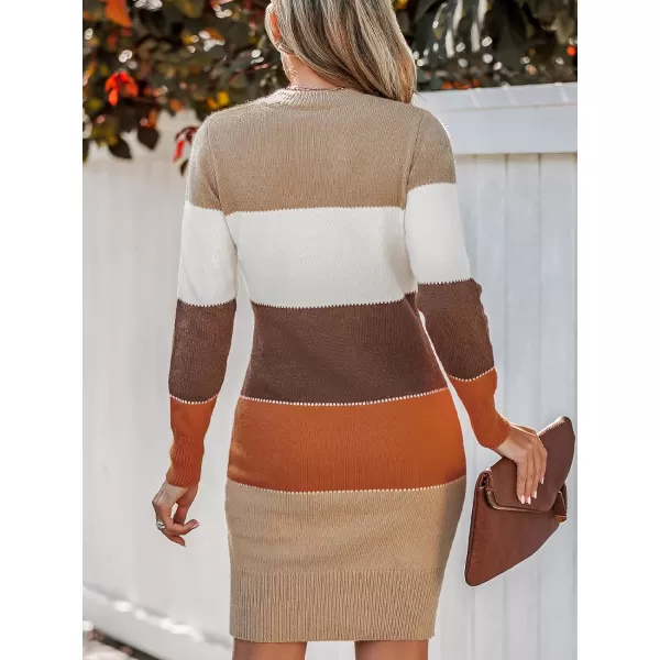 imageCUPSHE Womens Striped Sweater Dress Winter Long Sleeve Knit Colorblock Pullover Bodycon Midi DressesBrown