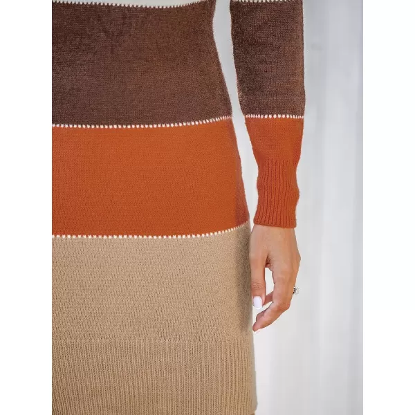 imageCUPSHE Womens Striped Sweater Dress Winter Long Sleeve Knit Colorblock Pullover Bodycon Midi DressesBrown