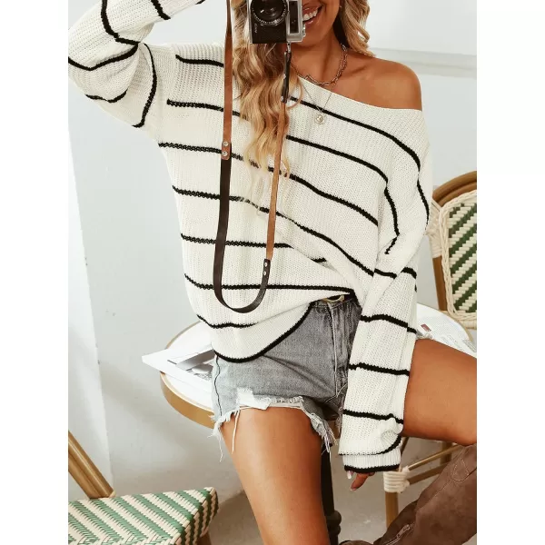 imageCUPSHE Womens Striped Sweaters Long Sleeve Boat Neck Colorblock Knitted Pullover Sweater TopsBlackampwhite