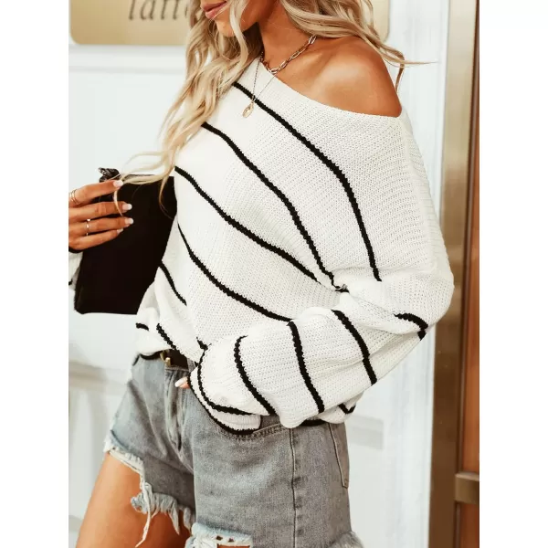 imageCUPSHE Womens Striped Sweaters Long Sleeve Boat Neck Colorblock Knitted Pullover Sweater TopsBlackampwhite