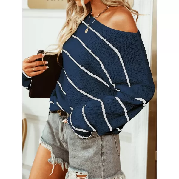 imageCUPSHE Womens Striped Sweaters Long Sleeve Boat Neck Colorblock Knitted Pullover Sweater TopsBlue
