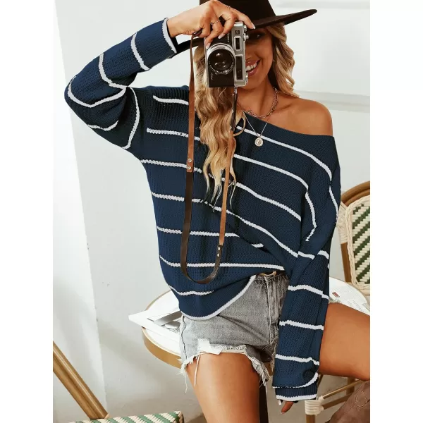 imageCUPSHE Womens Striped Sweaters Long Sleeve Boat Neck Colorblock Knitted Pullover Sweater TopsBlue