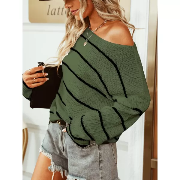 imageCUPSHE Womens Striped Sweaters Long Sleeve Boat Neck Colorblock Knitted Pullover Sweater TopsGreen