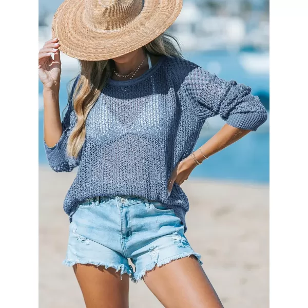 imageCUPSHE Womens Summer Crochet Swimsuit Cover Up Long Sleeve Cutout Beach Coverup Tunic Sweater TopsAiry Blue