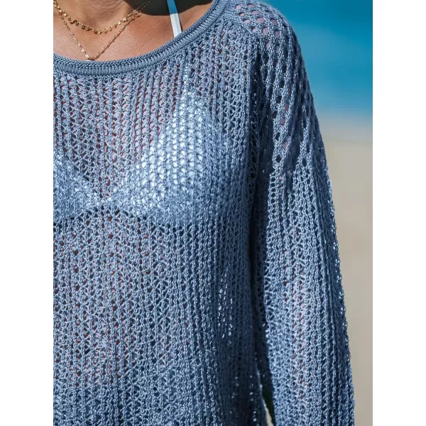 imageCUPSHE Womens Summer Crochet Swimsuit Cover Up Long Sleeve Cutout Beach Coverup Tunic Sweater TopsAiry Blue