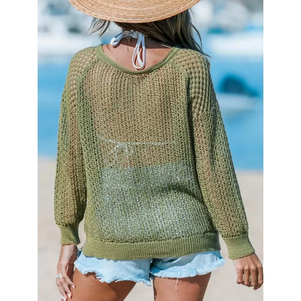 imageCUPSHE Womens Summer Crochet Swimsuit Cover Up Long Sleeve Cutout Beach Coverup Tunic Sweater TopsMatcha Green
