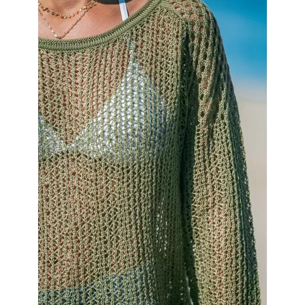 imageCUPSHE Womens Summer Crochet Swimsuit Cover Up Long Sleeve Cutout Beach Coverup Tunic Sweater TopsMatcha Green