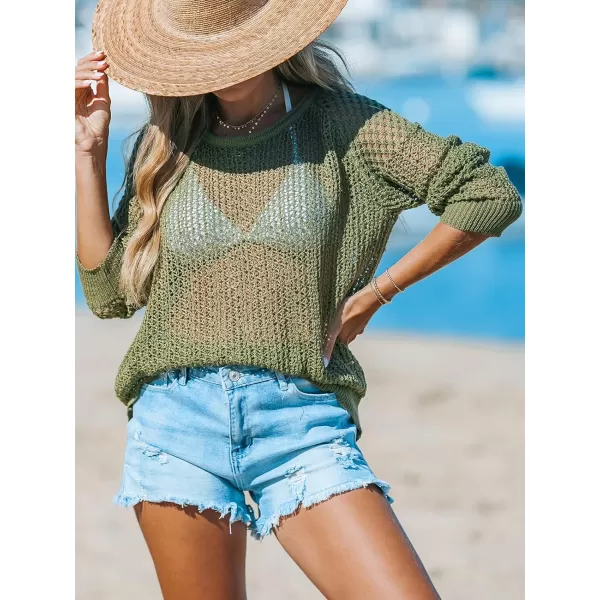 imageCUPSHE Womens Summer Crochet Swimsuit Cover Up Long Sleeve Cutout Beach Coverup Tunic Sweater TopsMatcha Green