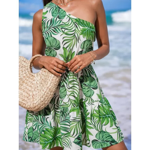 imageCUPSHE Womens Summer Mini Dress One Shoulder Tropical Printed Sleeveless Ruffle Elasticized Waist Short A Line Beach DressesGreen