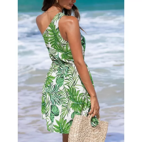 imageCUPSHE Womens Summer Mini Dress One Shoulder Tropical Printed Sleeveless Ruffle Elasticized Waist Short A Line Beach DressesGreen