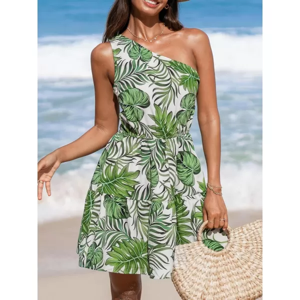 imageCUPSHE Womens Summer Mini Dress One Shoulder Tropical Printed Sleeveless Ruffle Elasticized Waist Short A Line Beach DressesGreen