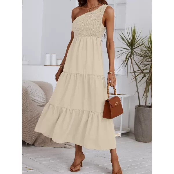 imageCUPSHE Womens Summer One Shoulder Dress Flowy Swing Tiered Smocked Fitted Sleeveless Maxi DressApricot