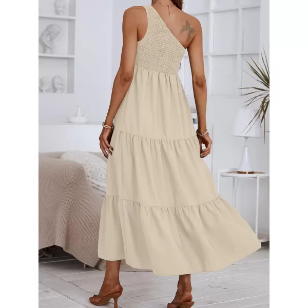 imageCUPSHE Womens Summer One Shoulder Dress Flowy Swing Tiered Smocked Fitted Sleeveless Maxi DressApricot