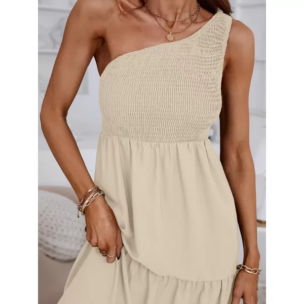 imageCUPSHE Womens Summer One Shoulder Dress Flowy Swing Tiered Smocked Fitted Sleeveless Maxi DressApricot