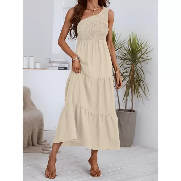 imageCUPSHE Womens Summer One Shoulder Dress Flowy Swing Tiered Smocked Fitted Sleeveless Maxi DressApricot