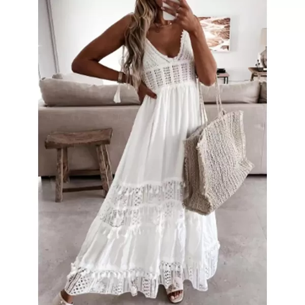 imageCUPSHE Womens Summer Slip Dress V Neck Lace Maxi A Line Ruffle Sleeveless Beach Casual Dress WhiteWhite