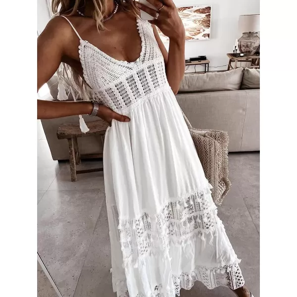 imageCUPSHE Womens Summer Slip Dress V Neck Lace Maxi A Line Ruffle Sleeveless Beach Casual Dress WhiteWhite