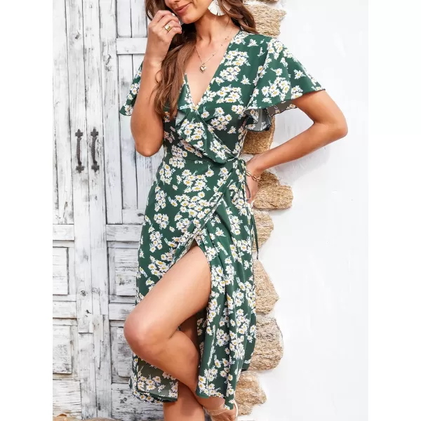 imageCUPSHE Womens Summer V Neck Knee Length Dresses Lace Up Ruffled Short Sleeves Dress with Floral PrintOlive Green