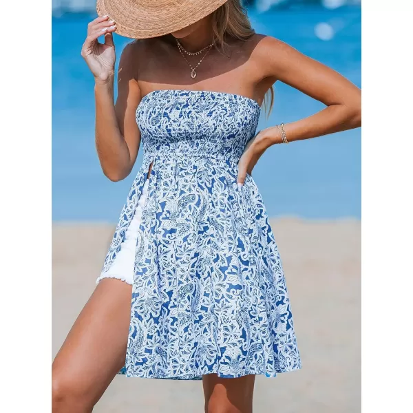 imageCUPSHE Womens Sundress Coverups Strapless Summer Smoked High Slit Bathing Suit Beach Cover Up 2024Blue Floral