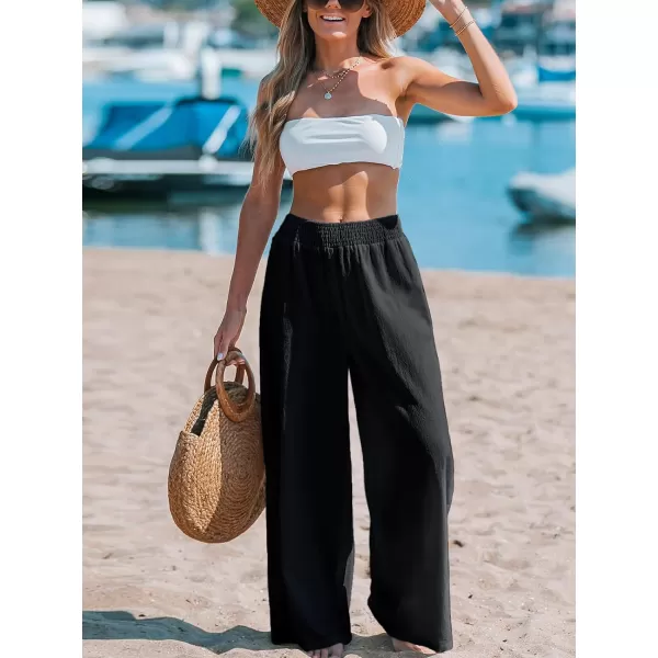 imageCUPSHE Womens Sunshine Long Smocked High Waist CoverUp PantsBlack