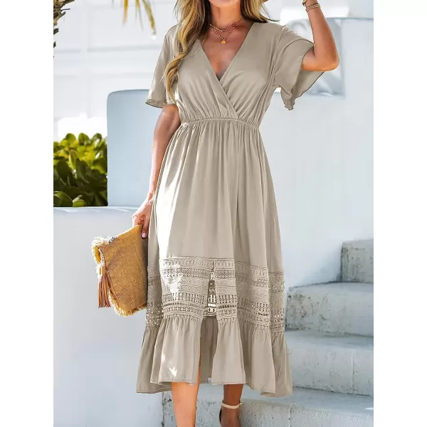imageCUPSHE Womens Surplice Lace Trim Maxi Dress Short Sleeve Deep VNeck Dresses Casual Summer DressingApricot
