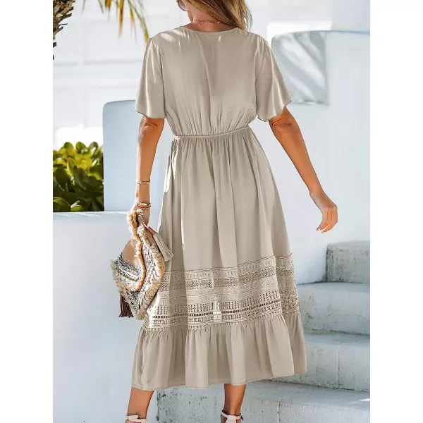 imageCUPSHE Womens Surplice Lace Trim Maxi Dress Short Sleeve Deep VNeck Dresses Casual Summer DressingApricot