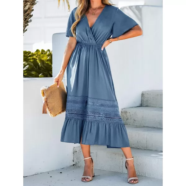 imageCUPSHE Womens Surplice Lace Trim Maxi Dress Short Sleeve Deep VNeck Dresses Casual Summer DressingBlue