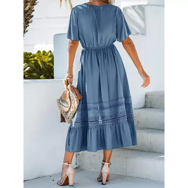 imageCUPSHE Womens Surplice Lace Trim Maxi Dress Short Sleeve Deep VNeck Dresses Casual Summer DressingBlue