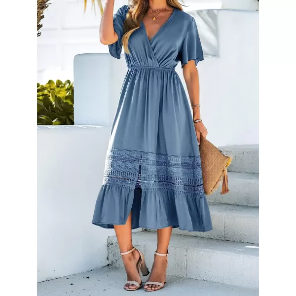 imageCUPSHE Womens Surplice Lace Trim Maxi Dress Short Sleeve Deep VNeck Dresses Casual Summer DressingBlue