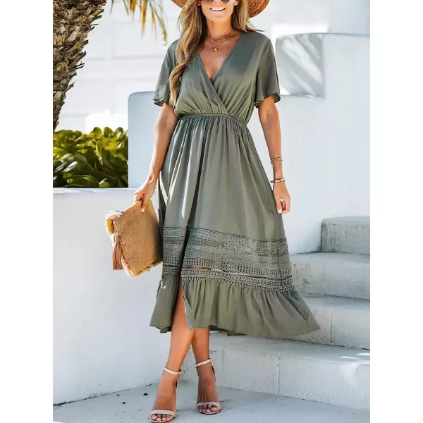 imageCUPSHE Womens Surplice Lace Trim Maxi Dress Short Sleeve Deep VNeck Dresses Casual Summer DressingGreen