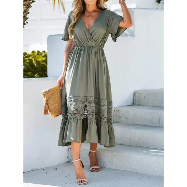 imageCUPSHE Womens Surplice Lace Trim Maxi Dress Short Sleeve Deep VNeck Dresses Casual Summer DressingGreen