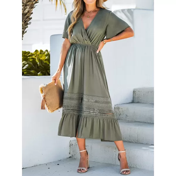 imageCUPSHE Womens Surplice Lace Trim Maxi Dress Short Sleeve Deep VNeck Dresses Casual Summer DressingGreen