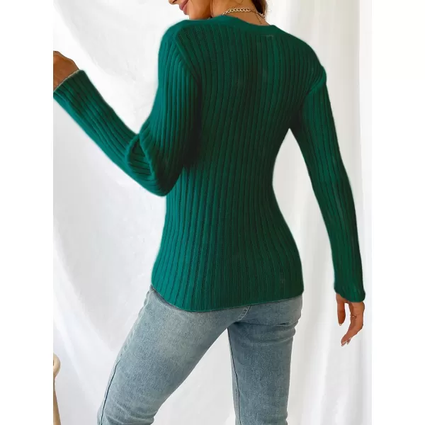 imageCUPSHE Womens Surplice Neck Long Sleeves Solid Color Wrap Knit Pullover SweaterDark Green