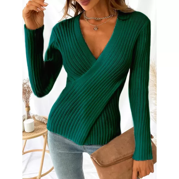 imageCUPSHE Womens Surplice Neck Long Sleeves Solid Color Wrap Knit Pullover SweaterDark Green