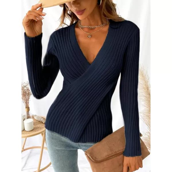 imageCUPSHE Womens Surplice Neck Long Sleeves Solid Color Wrap Knit Pullover SweaterNavy Blue