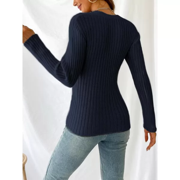 imageCUPSHE Womens Surplice Neck Long Sleeves Solid Color Wrap Knit Pullover SweaterNavy Blue