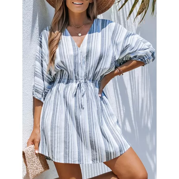 imageCUPSHE Womens Surplice Neckline CoverUp Short Dolman Sleeves Drawstring Waist Aline Mini DressGrey Striped