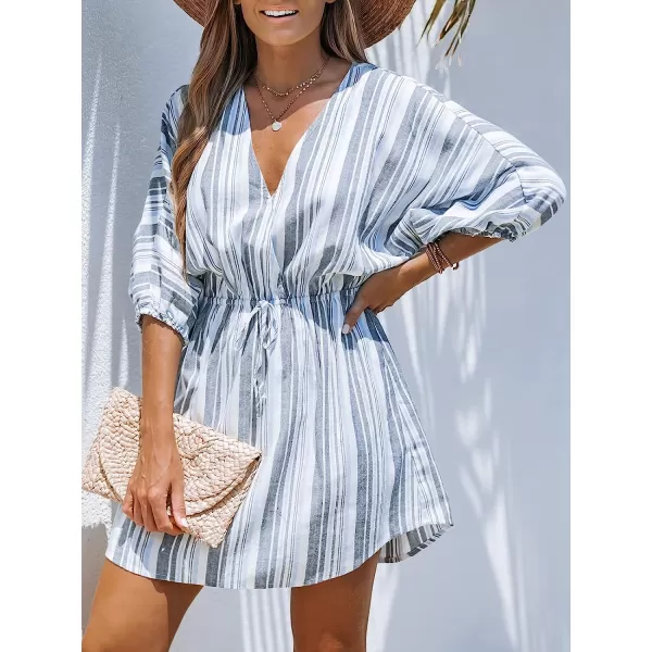 imageCUPSHE Womens Surplice Neckline CoverUp Short Dolman Sleeves Drawstring Waist Aline Mini DressGrey Striped