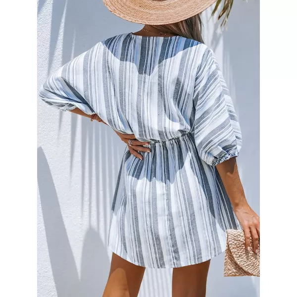 imageCUPSHE Womens Surplice Neckline CoverUp Short Dolman Sleeves Drawstring Waist Aline Mini DressGrey Striped