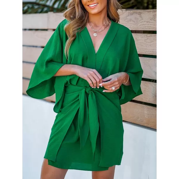 imageCUPSHE Womens Surplice V Neck 34 Kimono Sleeve Self Tie Waist Loose Mini DressEmerald Green