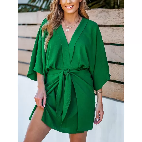 imageCUPSHE Womens Surplice V Neck 34 Kimono Sleeve Self Tie Waist Loose Mini DressEmerald Green