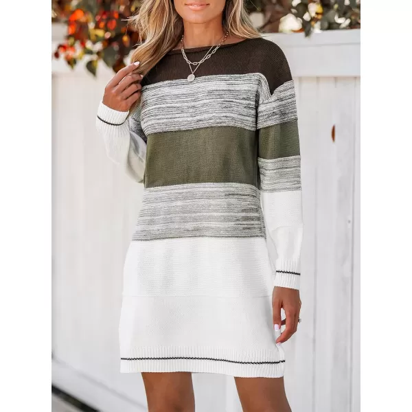 imageCUPSHE Womens Sweater Dress Boat Neck Colorblock Dropped Long Sleeve Ribbed Trim Knitted Casual Mini Pullover DressesWhiteampolive