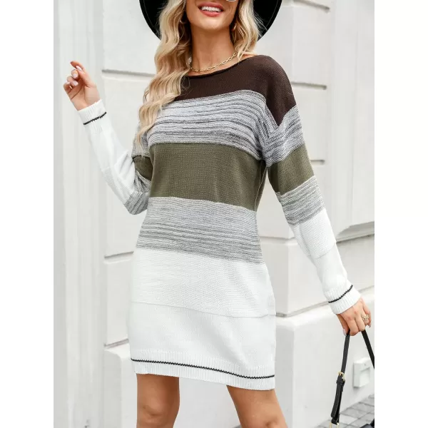 imageCUPSHE Womens Sweater Dress Boat Neck Colorblock Dropped Long Sleeve Ribbed Trim Knitted Casual Mini Pullover DressesWhiteampolive