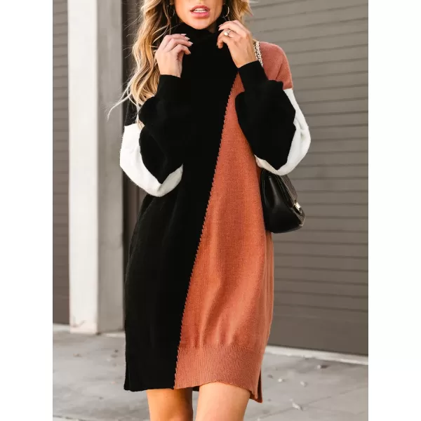 imageCUPSHE Womens Sweater Dress Coloblock Turtle Neck Ribbed Long Sleeve Casual Loose Pullover DressesBlackamporange