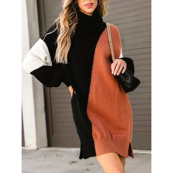 imageCUPSHE Womens Sweater Dress Coloblock Turtle Neck Ribbed Long Sleeve Casual Loose Pullover DressesBlackamporange